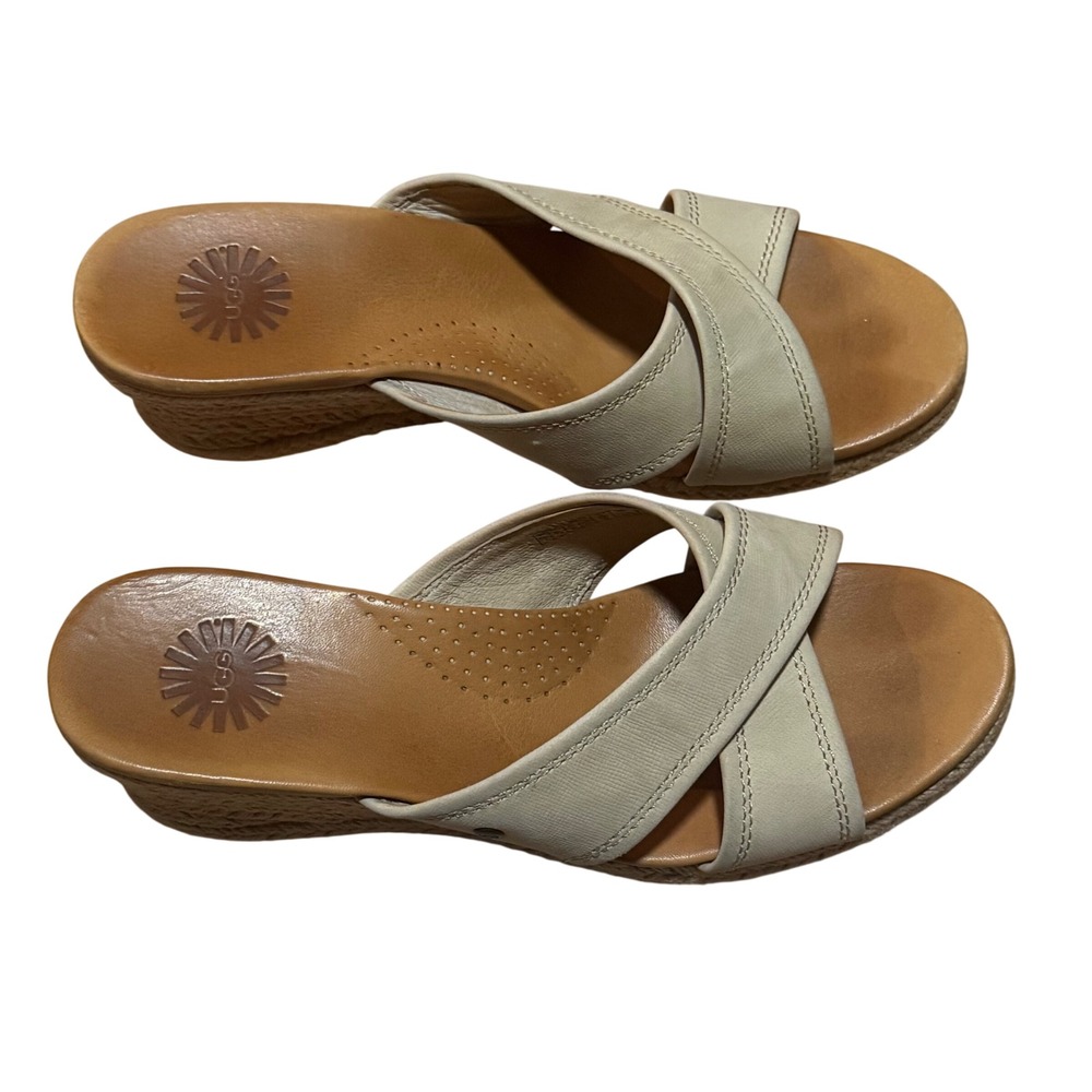 UGG Gwyn Beige Leather Espadrille Wedge Slide Sandals Women's Size 7 - Picture 2 of 13